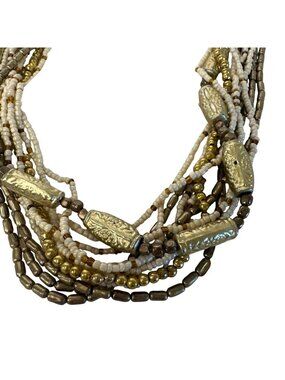 Vintage Multistrand Beaded Necklace Gold Cream Accents Layered Boho Chunky